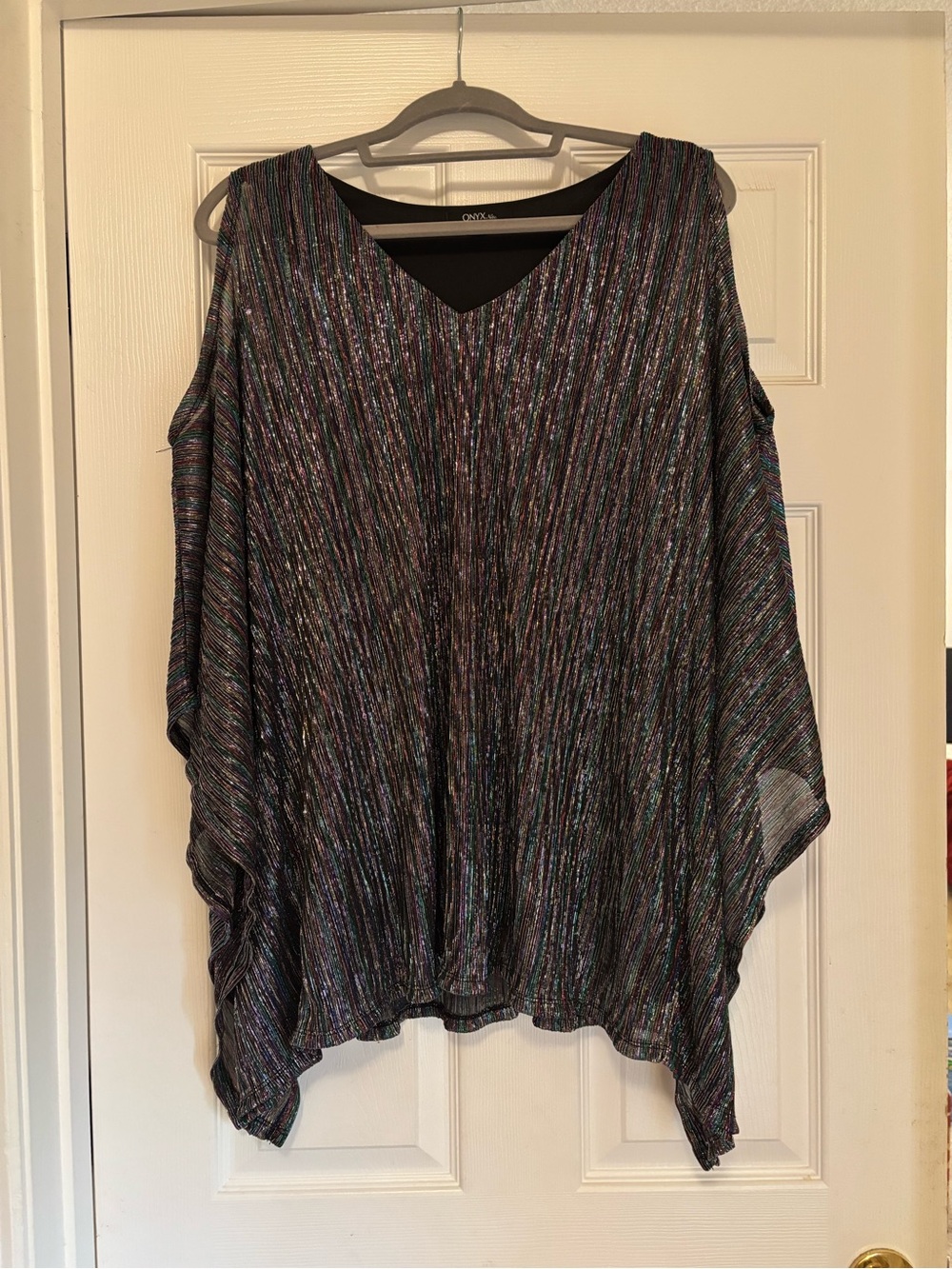 Onyx Nite Black Metallic Multi-Stripe V-Neck Poncho Top